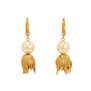 Gold hook earrings featuring a white pearl and a lily shaped pendant.