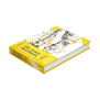 Side view of a book featuring a yellow hardback and a watercolour landscape as a cover image.