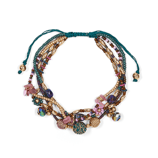 A beaded bracelet made with a dark green fabric string and multiple beads in shades of pinks and greens.