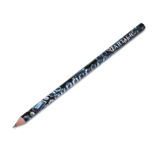 A pencil with a pattern of rectangular aqua-toned gemstones along its length