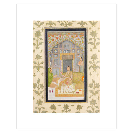 Inside a border of ornate florals, a 17th century Indian lady is seated within a fine courtyard