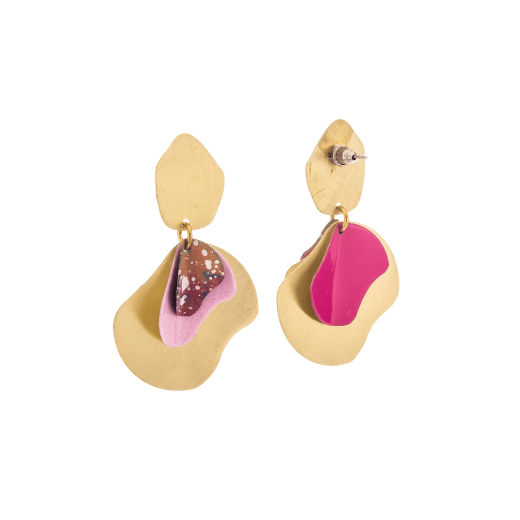 A pair of stud brass earrings. Each is made of organic round shapes in pink, purple and gold colours.