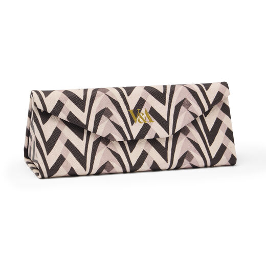 Fold flat glasses case with a soft microfiber cleaning cloth featuring an art deco monochrome pattern from F. Gregory Brown