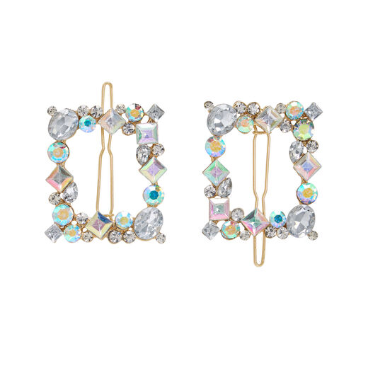A set of two square hair clips adorned with crystals of different shapes.