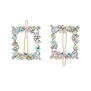 A set of two square hair clips adorned with crystals of different shapes.