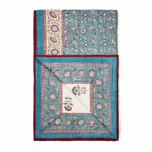 Blue and red floral hand-printed quilt