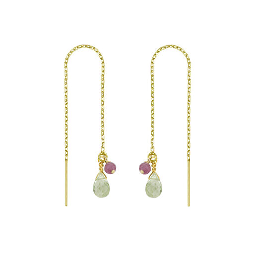 A pair of pull through earrings with a gold chain and green stones.