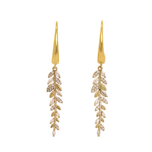 A pair of earrings with gold hooks and elegant leaf shaped pendants featuring white crystals.