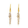A pair of earrings with gold hooks and elegant leaf shaped pendants featuring white crystals.
