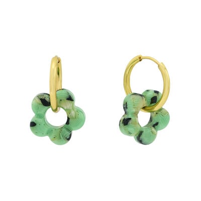 Green flower huggie earrings