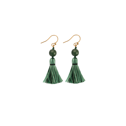 A pair of hook earrings featuring green tassel suspended on a round bead.