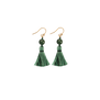 A pair of hook earrings featuring green tassel suspended on a round bead.