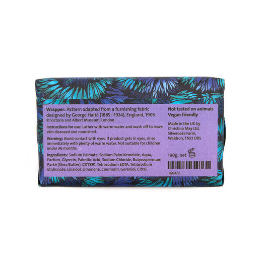 The ingredient list on a bar soap wrapping paper.