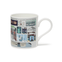 A fine bone china mug featuring an artist's illustration of the interior of a museum's building.