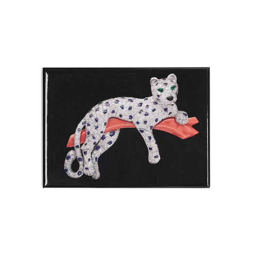 A black rectangular magnet featuring an iconic Cartier design of a diamond panther lounging on a branch
