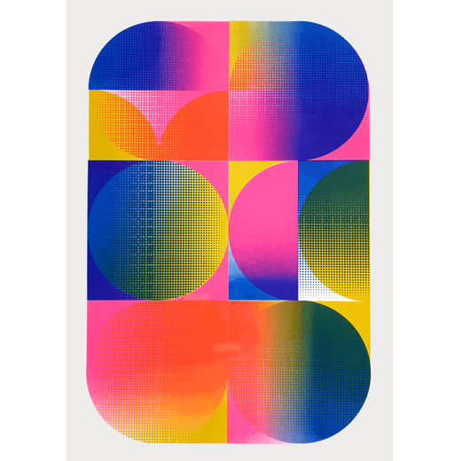 Risograph print featuring colourful geometric shapes.