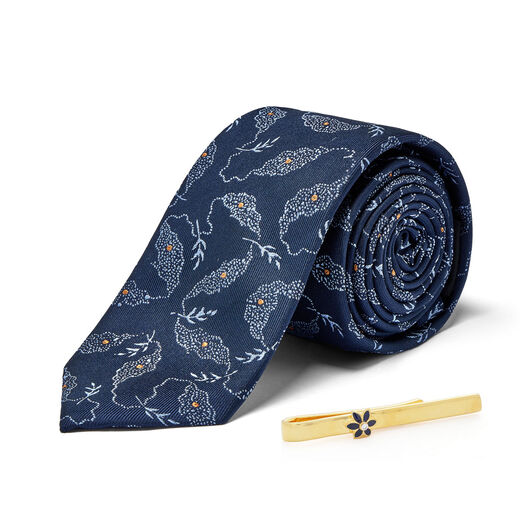 Navy leaf silk tie & gold tie pin