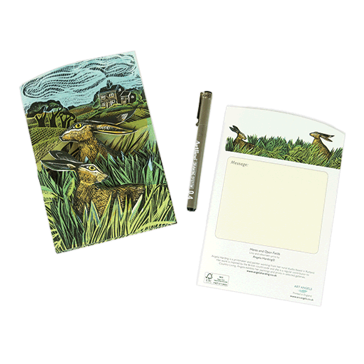 Hares and open field 3D greeting card