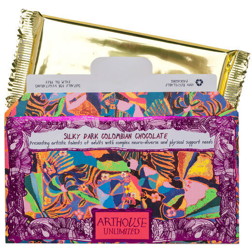 Silky salted caramel milk chocolate by ARTOHOSE Unlimited. Wrapped in gold paper decorated with colourful text based artworks.