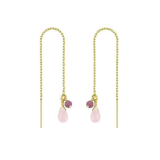 A pair of pull through earrings with a gold chain and pink stones.