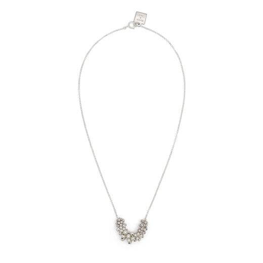 A silver chain necklace with a beaded silver pendant and a lobster clasp.