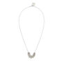 A silver chain necklace with a beaded silver pendant and a lobster clasp.