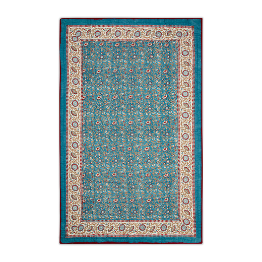 Blue and red floral hand-printed quilt