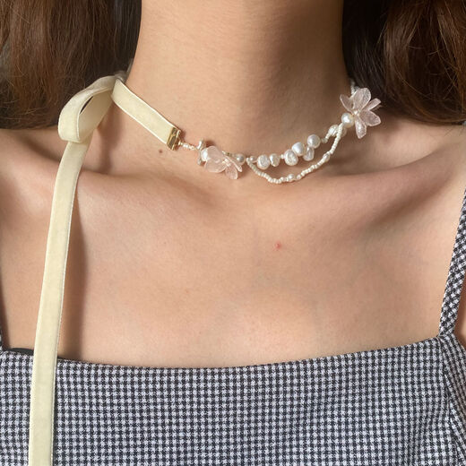 White hydrangea pearl ribbon necklace by Cherie Jewels