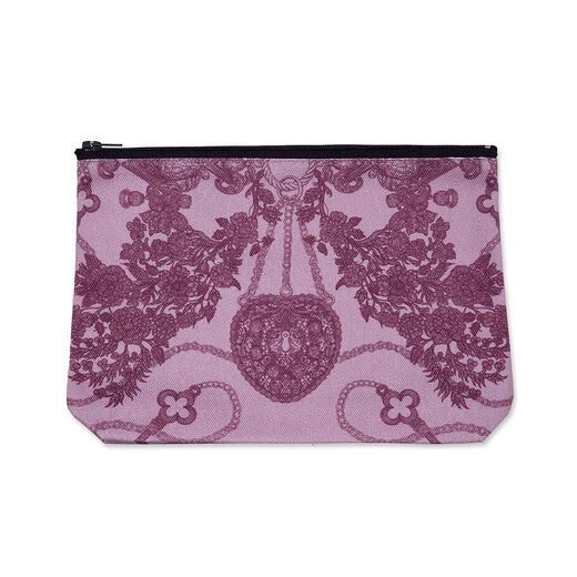 A pink and maroon pouch with a navy blue zip.
