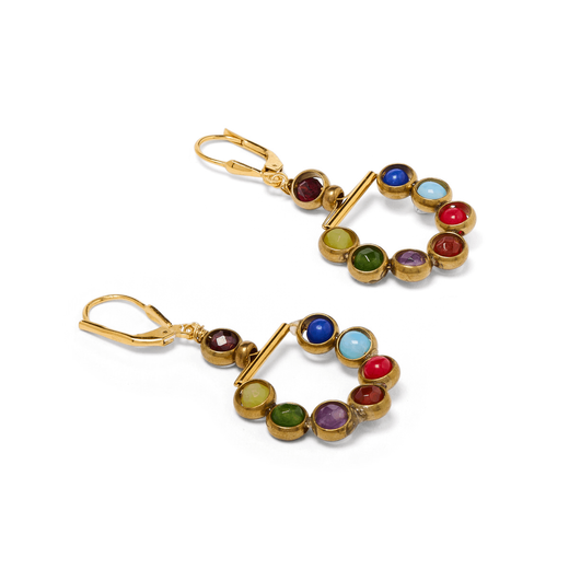 A pair of drop earrings with a hoop of multicoloured stones set in gold findings.