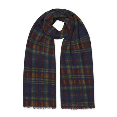 Blue and orange check wool scarf