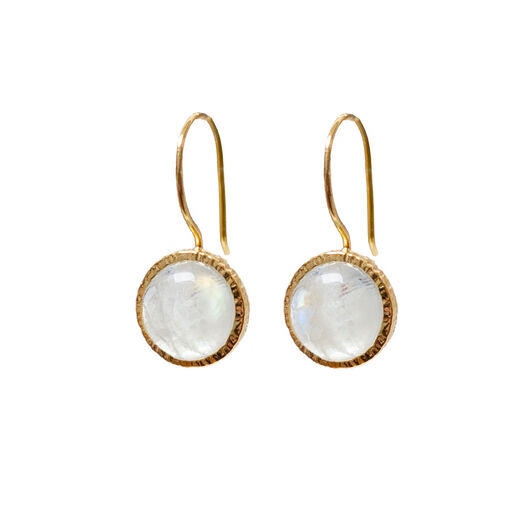A pair of gold hook earrings, each featuring a round white stone.