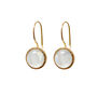 A pair of gold hook earrings, each featuring a round white stone.