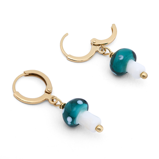 A pair of earrings, each with a teal and white mushroom pendant. One of the two earrings' clasp is shown open.