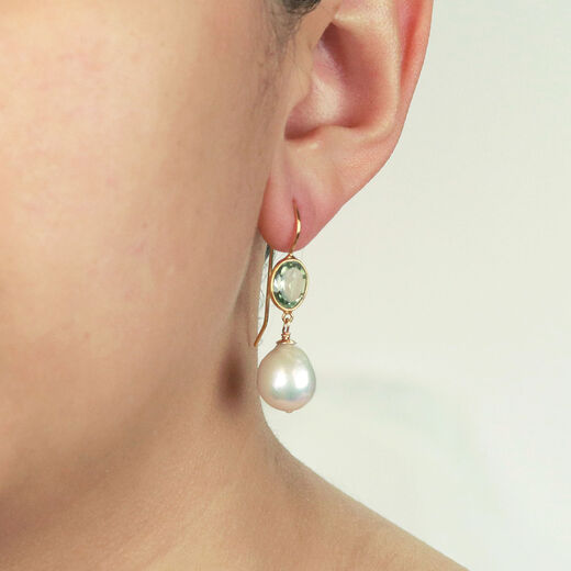 Green amethyst and pearl hook earrings by Mounir