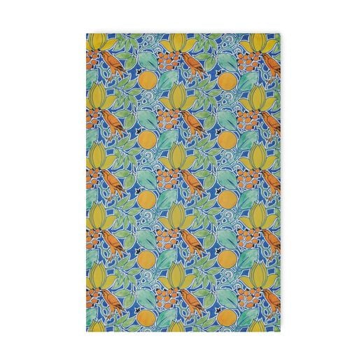Tea towel with a pattern depicting orange birds and green leaves on a blue background. 