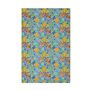 Tea towel with a pattern depicting orange birds and green leaves on a blue background. 