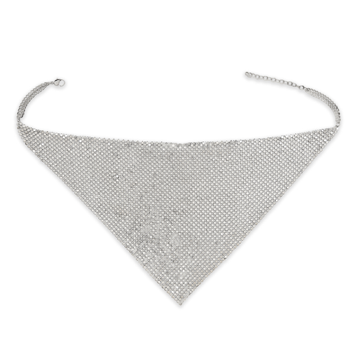 A silver chainmail necklace.