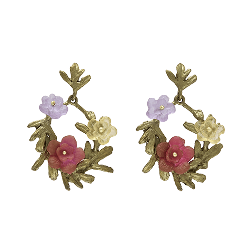 Glass and hand painted bronze hoop earrings featuring a chrysanthemum design