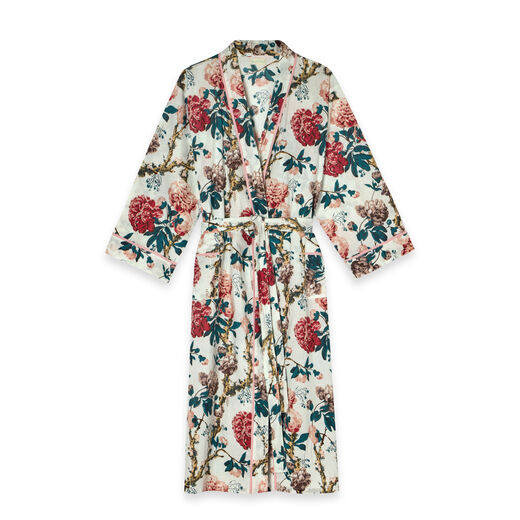 Dressing gown featuring a teal and red floral pattern on white.