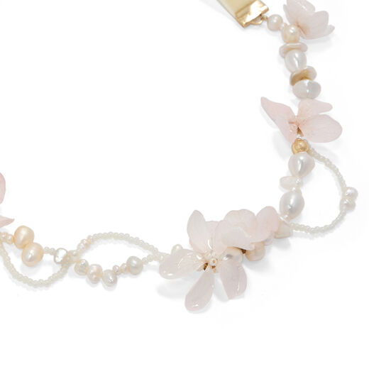 White hydrangea pearl ribbon necklace by Cherie Jewels