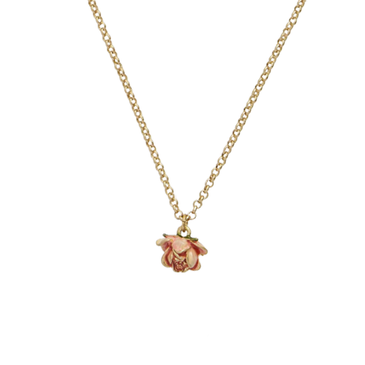 A gold plated chain necklace with a pink rosebud pendant.