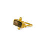 An adjustable gold ring featuring a rectangular labradorite gemstone.