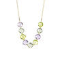 A gold chain necklace featuring pastel green and lilac cushion cut stones.