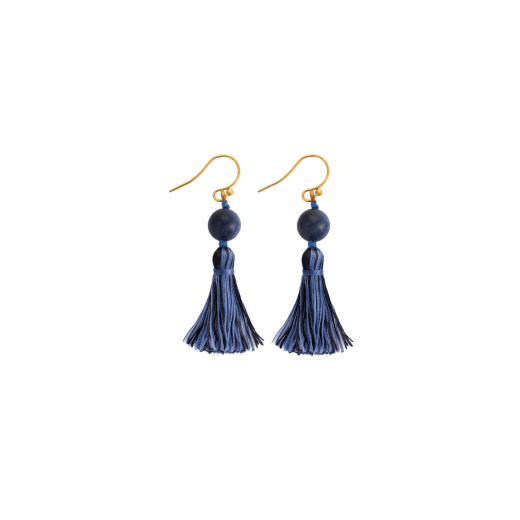 A pair of hook earrings featuring blue tassel suspended on a round bead of the same colour.