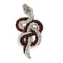 The hand-sewn snake-shaped brooch has stripes in green, red and black in amongst its silvery scales - all made from bullion thread