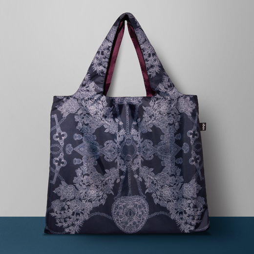 Victorian Jewels navy blue foldable tote bag by Jessie Bayliss