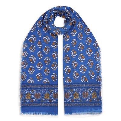 Blue and orange block print cotton scarf