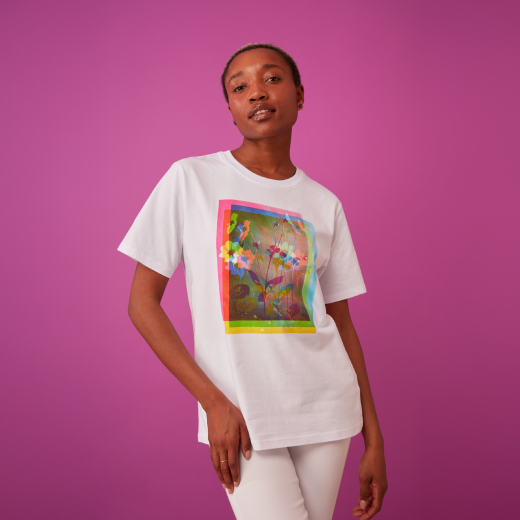 Model is size 6 and wears small Henry Irving colourful Dahlia t-shirt