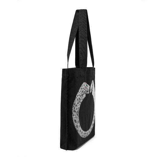 A black tote bag with gusset featuring Cartier's twin-headed diamond panther bangle